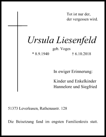 Anzeige von Ursula Liesenfeld von Kölner Stadt-Anzeiger / Kölnische Rundschau / Express