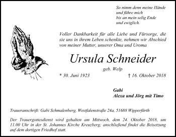 Anzeige von Ursula Schneider von Kölner Stadt-Anzeiger / Kölnische Rundschau / Express