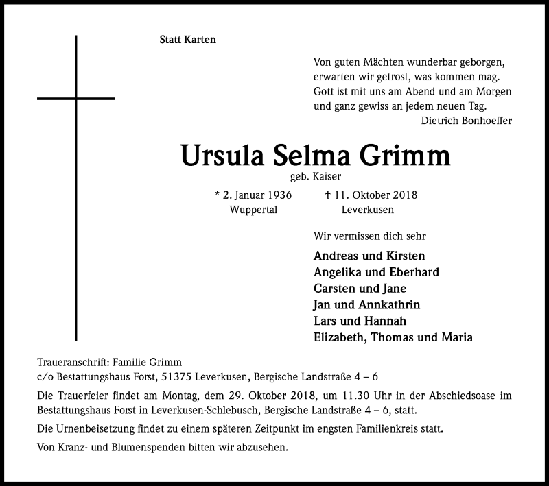  Traueranzeige für Ursula Selma Grimm vom 20.10.2018 aus Kölner Stadt-Anzeiger / Kölnische Rundschau / Express