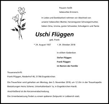 Anzeige von Uschi Flüggen von Kölner Stadt-Anzeiger / Kölnische Rundschau / Express