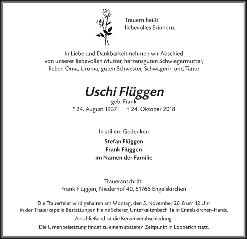  Traueranzeige für Uschi Flüggen vom 31.10.2018 aus  Anzeigen Echo 
