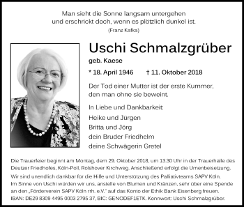 Anzeige von Uschi Schmalzgrüber von Kölner Stadt-Anzeiger / Kölnische Rundschau / Express