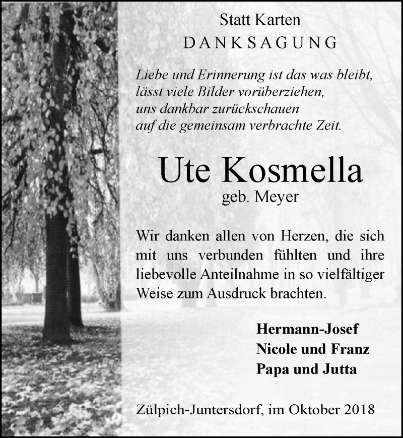  Traueranzeige für Ute Kosmella vom 20.10.2018 aus  Blickpunkt Euskirchen 