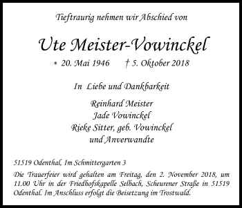 Anzeige von Ute Meister-Vowinckel von Kölner Stadt-Anzeiger / Kölnische Rundschau / Express