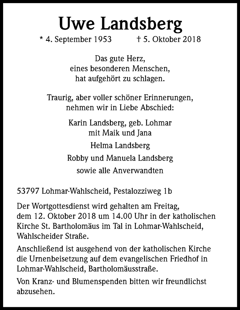  Traueranzeige für Uwe Landsberg vom 10.10.2018 aus Kölner Stadt-Anzeiger / Kölnische Rundschau / Express