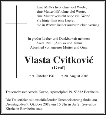 Anzeige von Vlasta Cvitkovic von  Schaufenster/Blickpunkt 