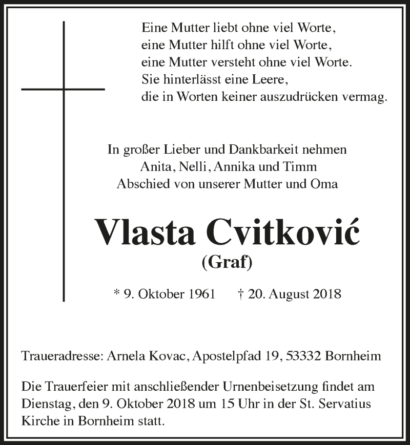  Traueranzeige für Vlasta Cvitkovic vom 03.10.2018 aus  Schaufenster/Blickpunkt 