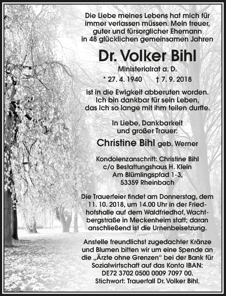  Traueranzeige für Volker Bihl vom 03.10.2018 aus  Schaufenster/Blickpunkt 