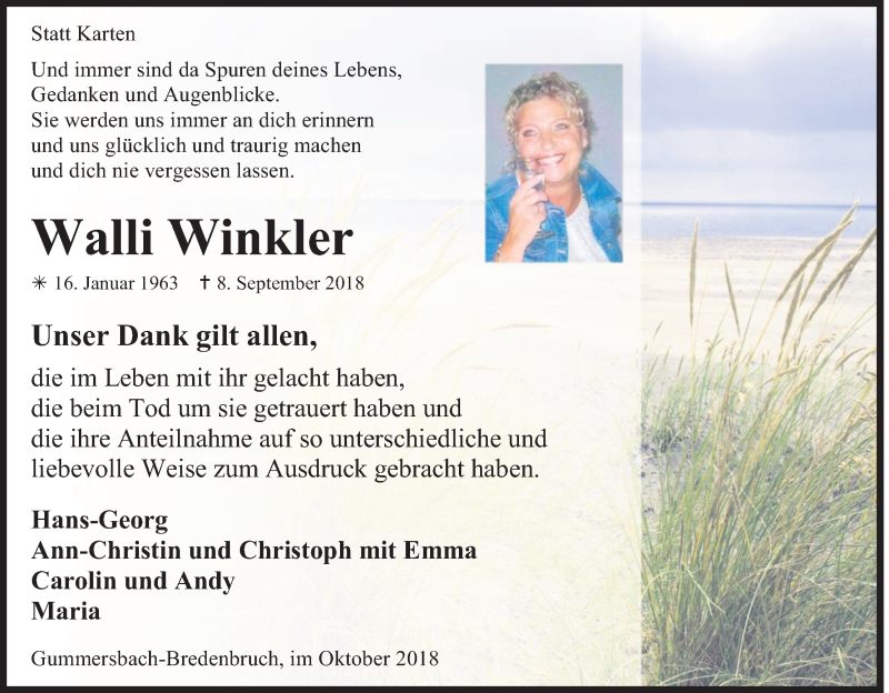  Traueranzeige für Walli Winkler vom 20.10.2018 aus Kölner Stadt-Anzeiger / Kölnische Rundschau / Express