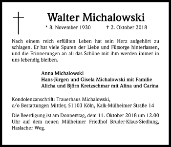 Anzeige von Walter Michalowski von Kölner Stadt-Anzeiger / Kölnische Rundschau / Express