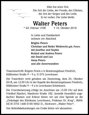 Anzeige von Walter Peters von Kölner Stadt-Anzeiger / Kölnische Rundschau / Express