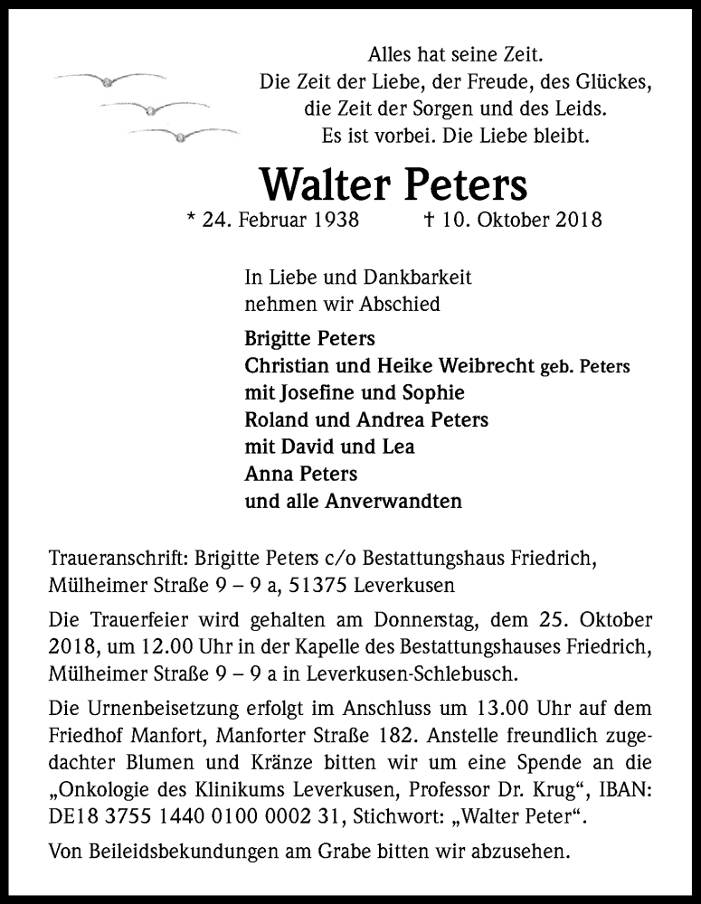  Traueranzeige für Walter Peters vom 17.10.2018 aus Kölner Stadt-Anzeiger / Kölnische Rundschau / Express