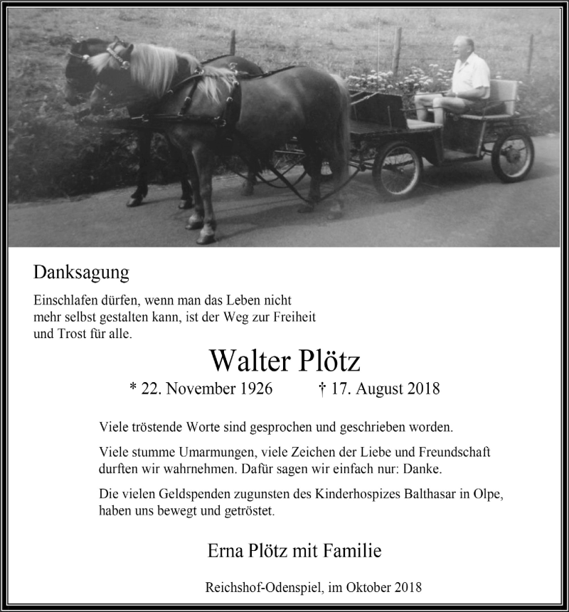  Traueranzeige für Walter Plötz vom 10.10.2018 aus  Lokalanzeiger 