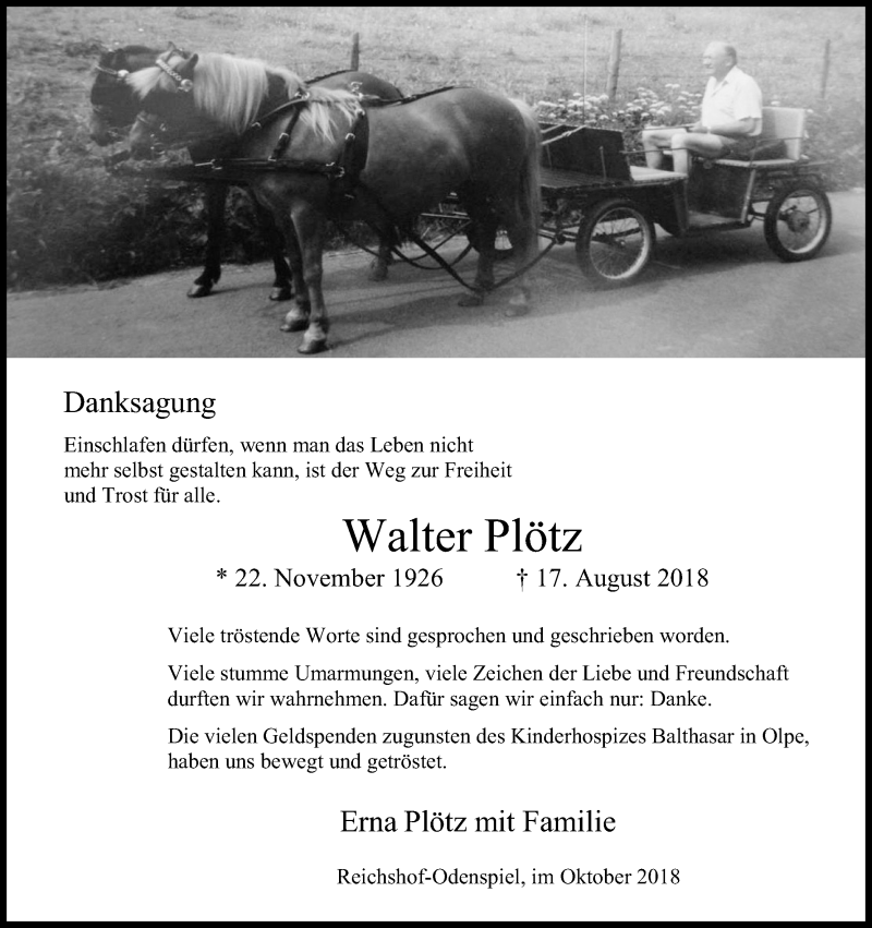  Traueranzeige für Walter Plötz vom 13.10.2018 aus Kölner Stadt-Anzeiger / Kölnische Rundschau / Express