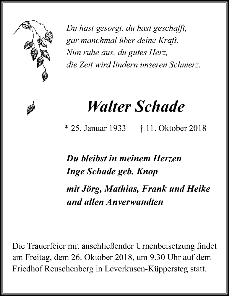  Traueranzeige für Walter Schade vom 20.10.2018 aus Kölner Stadt-Anzeiger / Kölnische Rundschau / Express