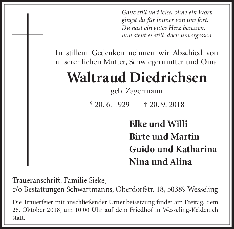  Traueranzeige für Waltraud Diedrichsen vom 17.10.2018 aus  Schlossbote/Werbekurier 