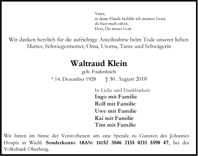  Traueranzeige für Waltraud Klein vom 03.10.2018 aus  Anzeigen Echo 