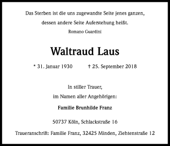 Anzeige von Waltraud Laus von Kölner Stadt-Anzeiger / Kölnische Rundschau / Express