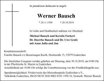 Anzeige von Werner Bausch von Kölner Stadt-Anzeiger / Kölnische Rundschau / Express