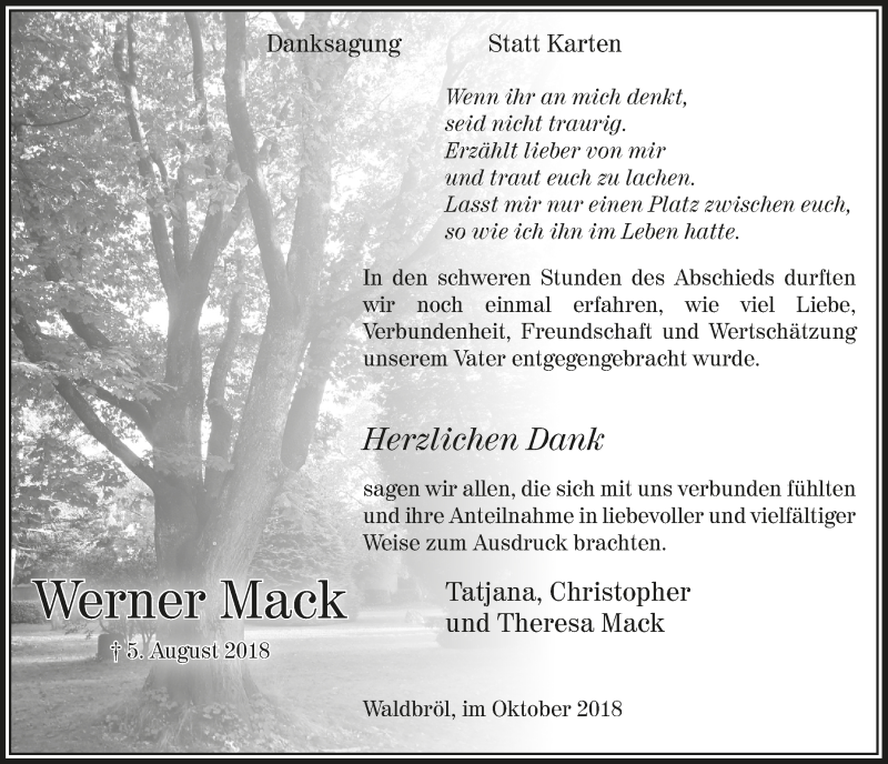  Traueranzeige für Werner Mack vom 03.10.2018 aus  Lokalanzeiger 