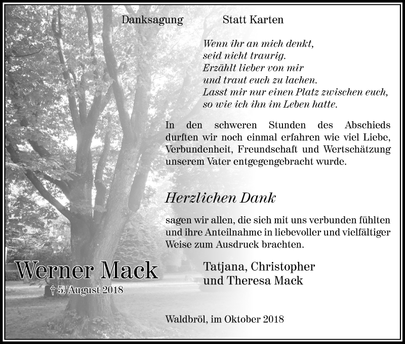  Traueranzeige für Werner Mack vom 06.10.2018 aus Kölner Stadt-Anzeiger / Kölnische Rundschau / Express