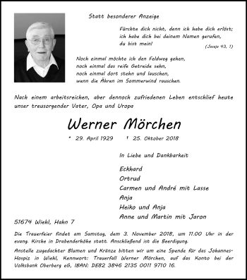Anzeige von Werner Mörchen von Kölner Stadt-Anzeiger / Kölnische Rundschau / Express