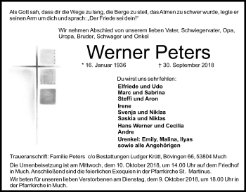 Anzeige von Werner Peters von Kölner Stadt-Anzeiger / Kölnische Rundschau / Express
