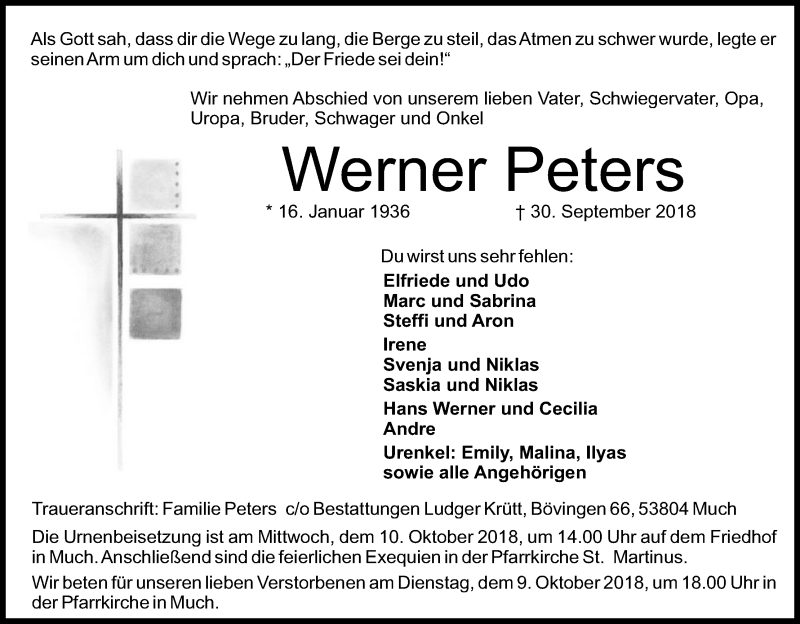  Traueranzeige für Werner Peters vom 06.10.2018 aus Kölner Stadt-Anzeiger / Kölnische Rundschau / Express