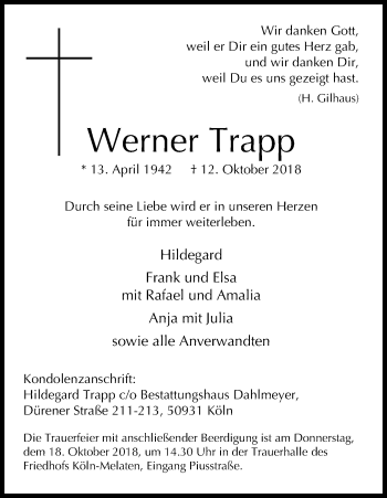 Anzeige von Werner Trapp von Kölner Stadt-Anzeiger / Kölnische Rundschau / Express