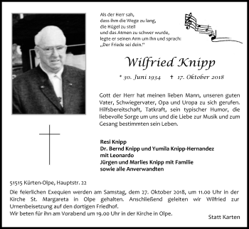 Anzeige von Wilfried Knipp von Kölner Stadt-Anzeiger / Kölnische Rundschau / Express
