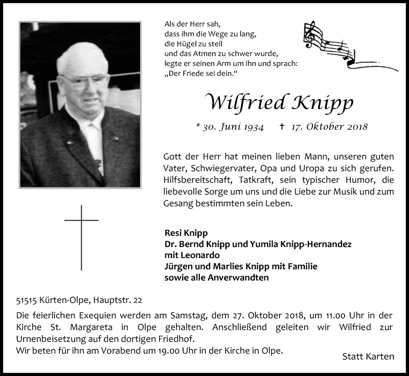  Traueranzeige für Wilfried Knipp vom 20.10.2018 aus Kölner Stadt-Anzeiger / Kölnische Rundschau / Express