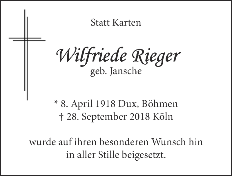  Traueranzeige für Wilfriede Rieger vom 24.10.2018 aus  Kölner Wochenspiegel 