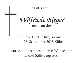 Anzeige von Wilfriede Rieger von  Kölner Wochenspiegel 