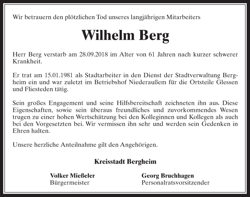  Traueranzeige für Wilhelm Berg vom 24.10.2018 aus  Werbepost 