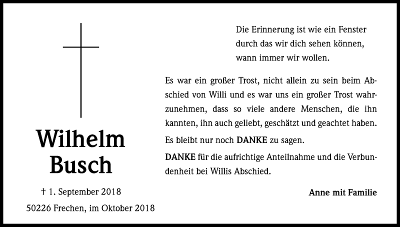  Traueranzeige für Wilhelm Busch vom 06.10.2018 aus Kölner Stadt-Anzeiger / Kölnische Rundschau / Express