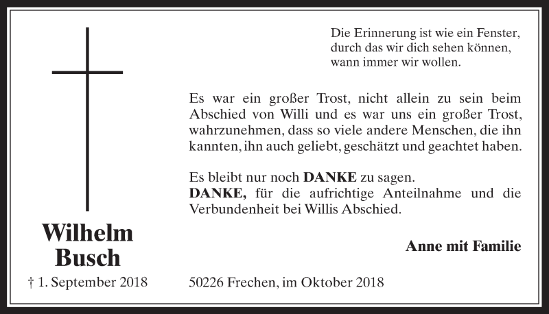  Traueranzeige für Wilhelm Busch vom 03.10.2018 aus  Wochenende 