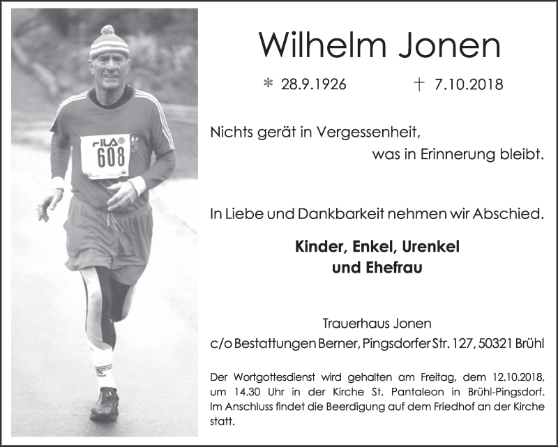  Traueranzeige für Wilhelm Jonen vom 10.10.2018 aus  Schlossbote/Werbekurier 