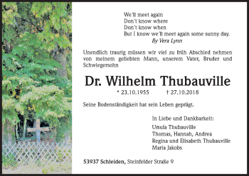 Anzeige von Wilhelm Thubauville von Kölner Stadt-Anzeiger / Kölnische Rundschau / Express
