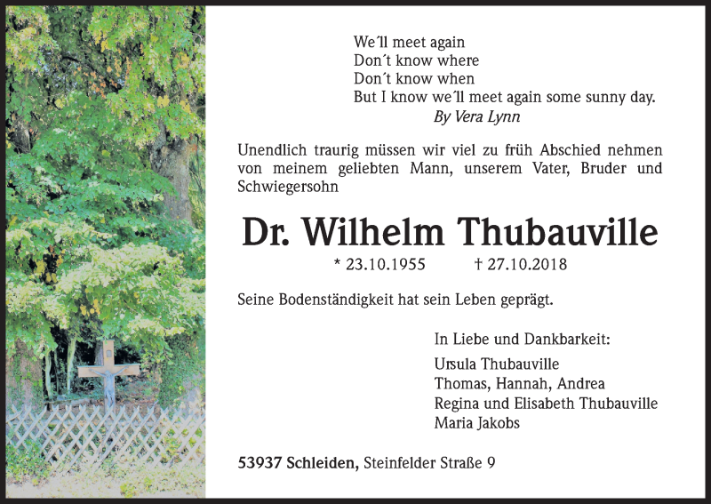  Traueranzeige für Wilhelm Thubauville vom 01.11.2018 aus Kölner Stadt-Anzeiger / Kölnische Rundschau / Express