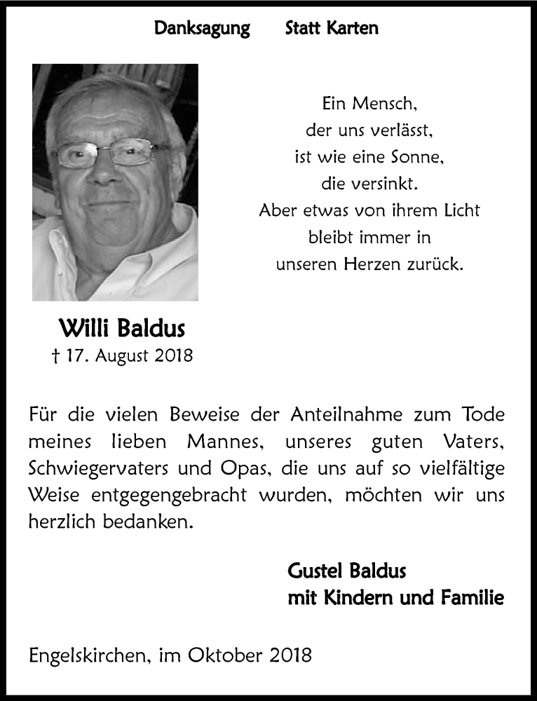  Traueranzeige für Willi Baldus vom 17.10.2018 aus  Anzeigen Echo 