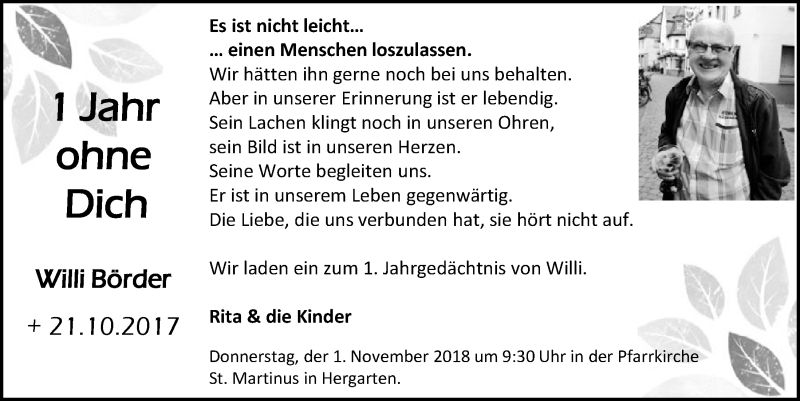  Traueranzeige für Willi Börder vom 20.10.2018 aus  Blickpunkt Euskirchen 
