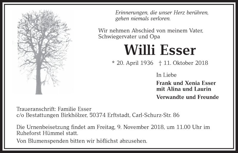  Traueranzeige für Willi Esser vom 31.10.2018 aus  Schlossbote/Werbekurier 
