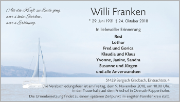 Anzeige von Willi Franken von  Bergisches Handelsblatt 