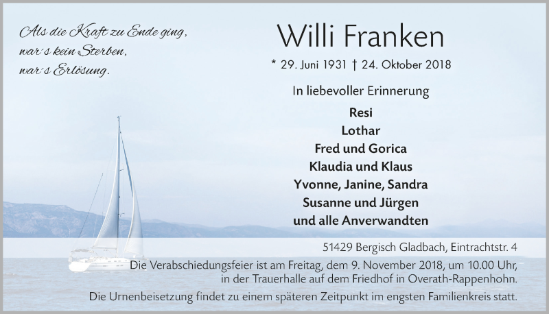  Traueranzeige für Willi Franken vom 31.10.2018 aus  Bergisches Handelsblatt 