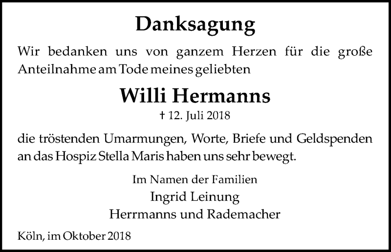  Traueranzeige für Willi Hermanns vom 06.10.2018 aus Kölner Stadt-Anzeiger / Kölnische Rundschau / Express