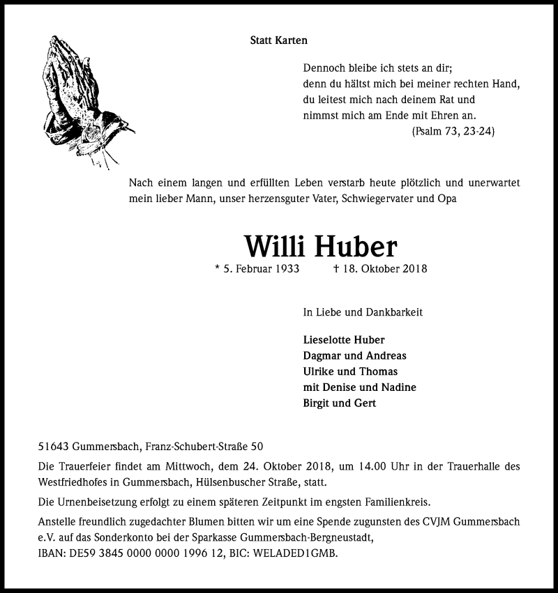  Traueranzeige für Willi Huber vom 20.10.2018 aus Kölner Stadt-Anzeiger / Kölnische Rundschau / Express