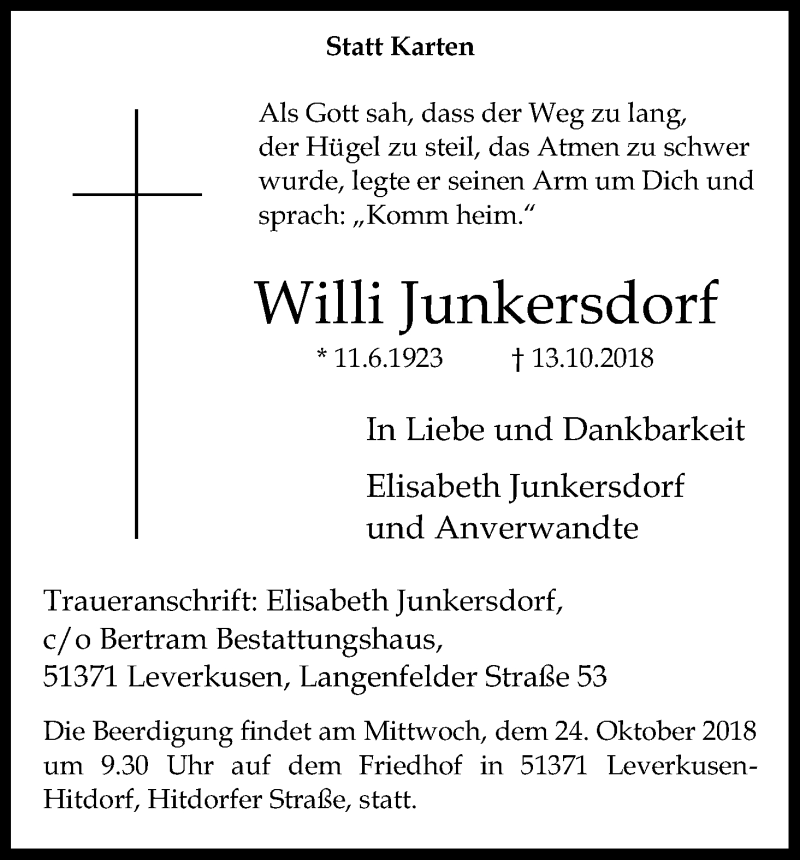  Traueranzeige für Willi Junkersdorf vom 20.10.2018 aus Kölner Stadt-Anzeiger / Kölnische Rundschau / Express