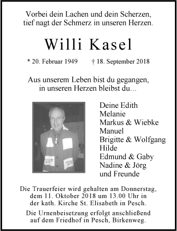 Anzeige von Willi Kasel von  Kölner Wochenspiegel 