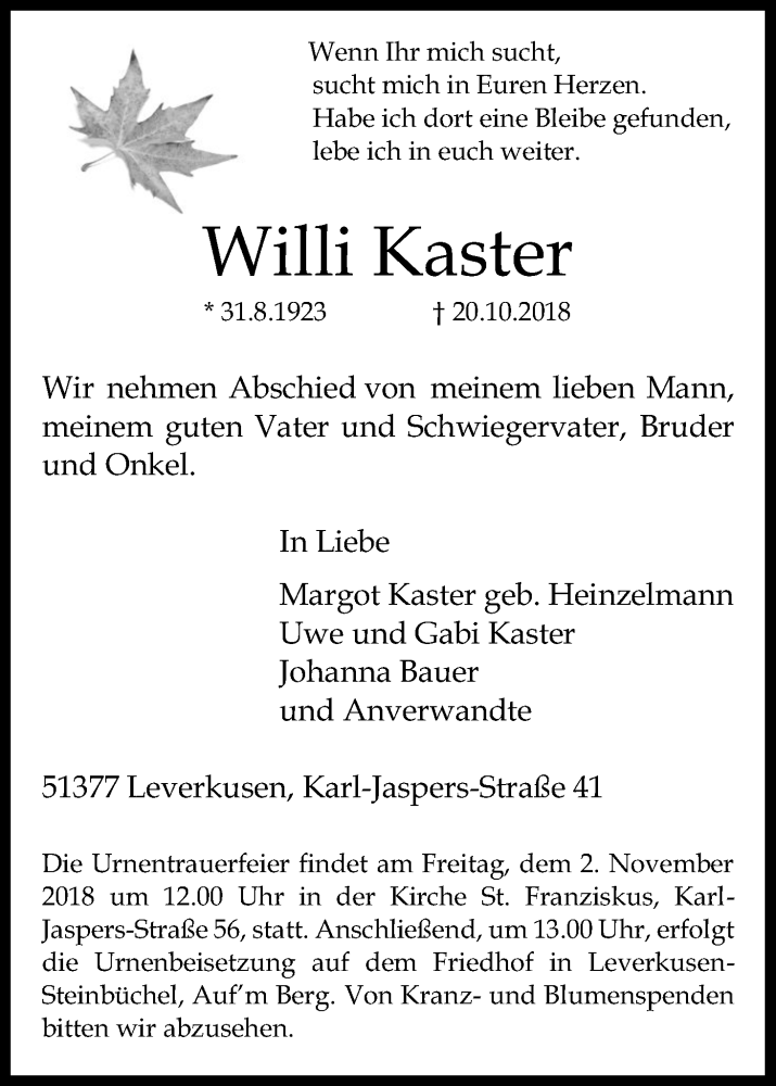  Traueranzeige für Willi Kaster vom 27.10.2018 aus Kölner Stadt-Anzeiger / Kölnische Rundschau / Express