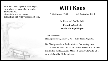 Anzeige von Willi Kaus von Kölner Stadt-Anzeiger / Kölnische Rundschau / Express